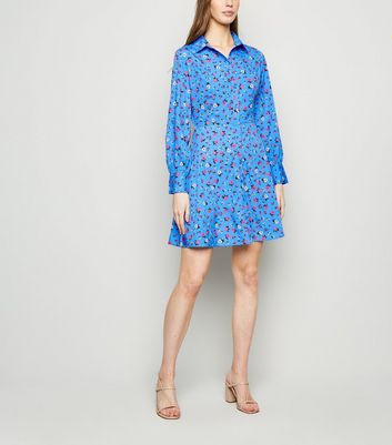 Blue Floral Long Sleeve Shirt Dress ...